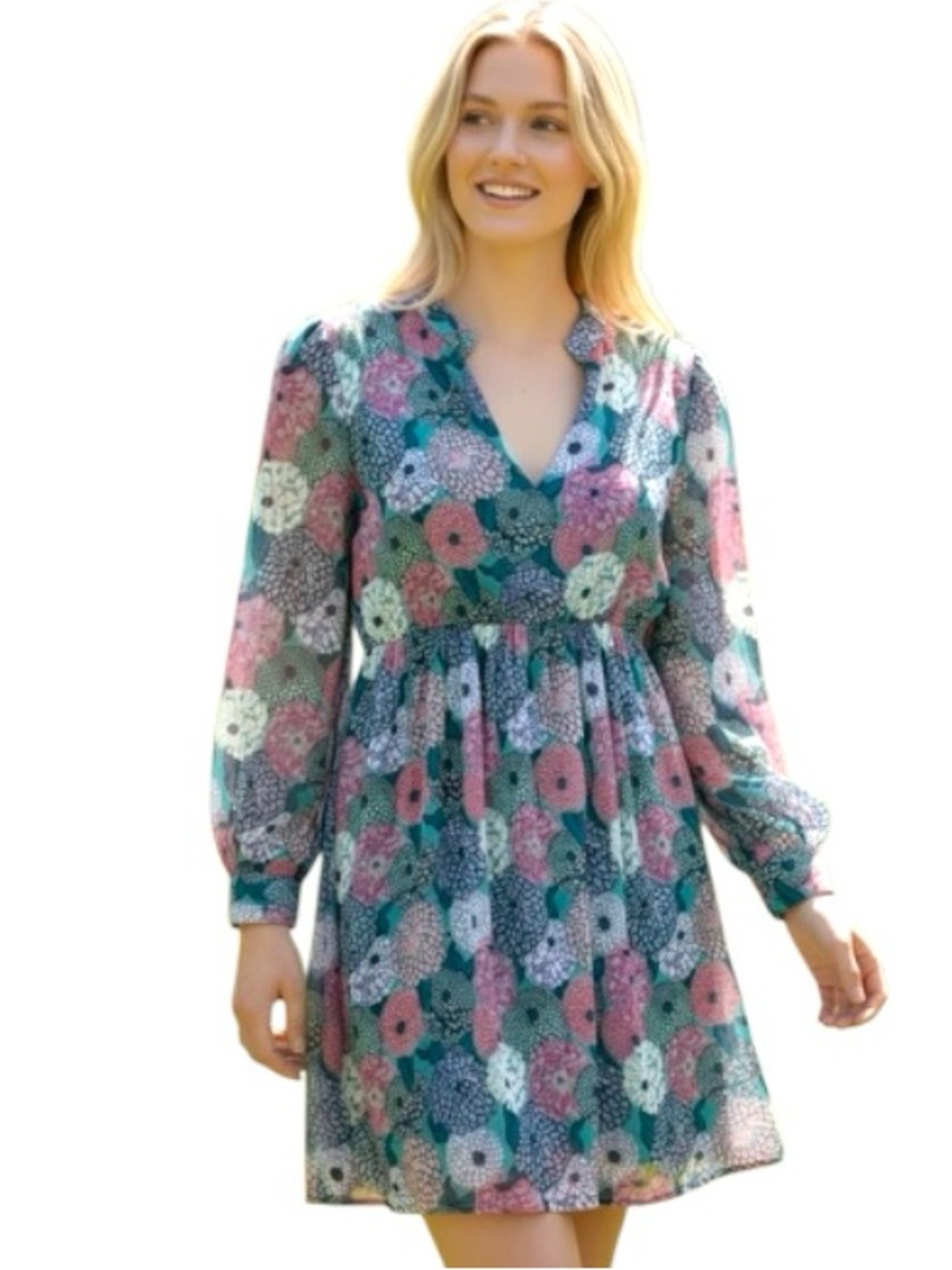 Claudia Italy Floral Chiffon Dress Pink Blue Sz M V-Neck Sheer Long Sleeve